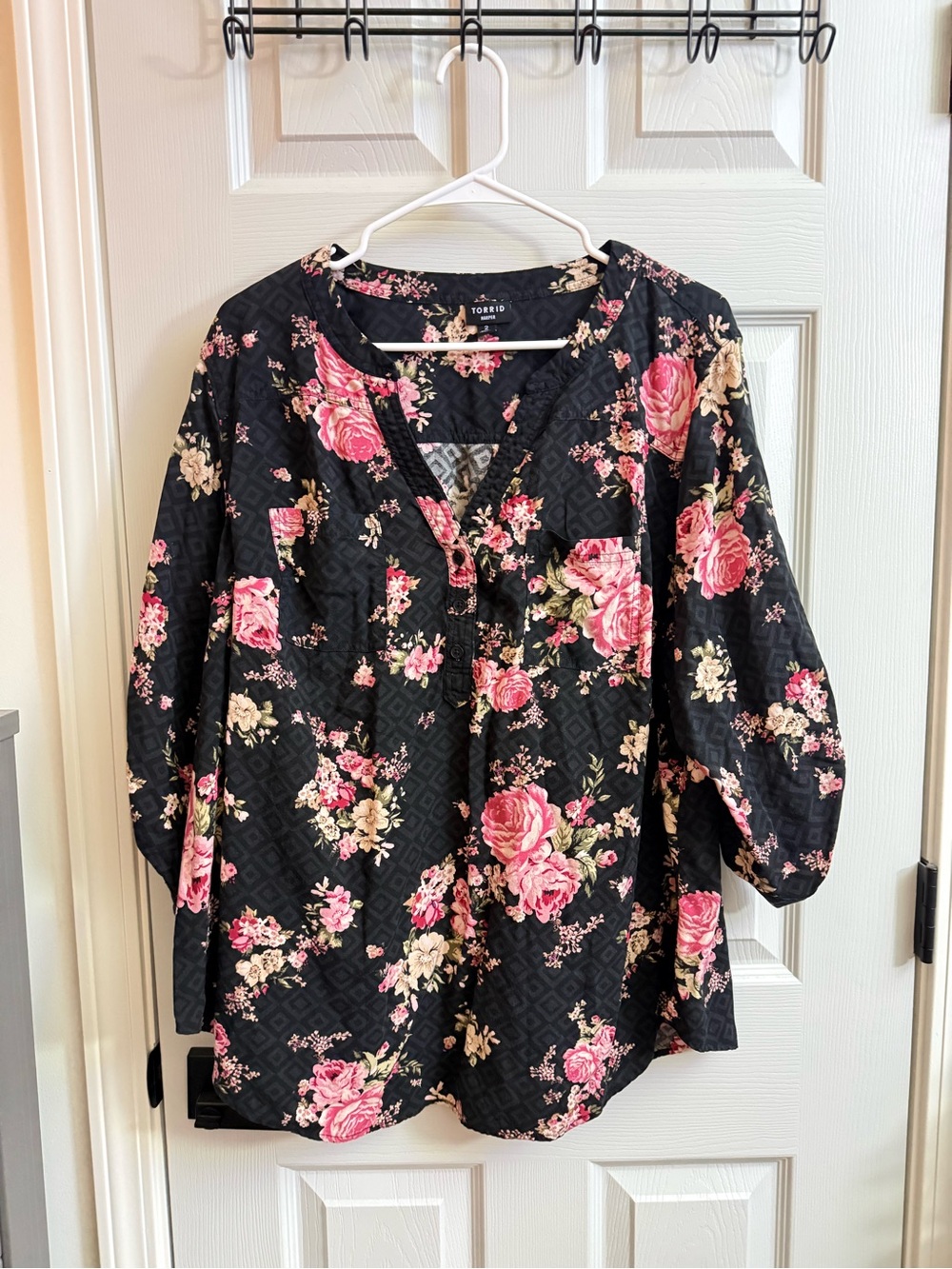 torrid Black Floral Peasant Blouse with Pink Roses